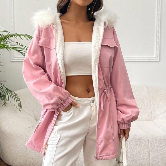 Pink Preppy Womens Fuzzy Trim Drawstring Waist Hooded Coat - Picture 2 of 5